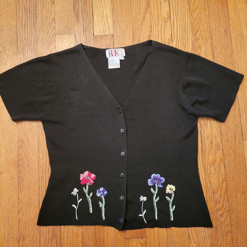 RK Originals 10 Cardigan Black‎ Floral Embroidered Beaded V Neck Cottage Granny